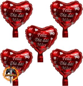 Kit 10 Balões Coração Vermelho 10" (25cm) com Estampa Feliz Dia das Mães