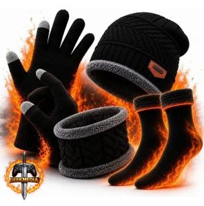 Kit Frio Touca Luva Cachecol Meia Termica Unissex Preto Liso