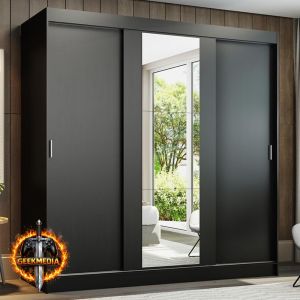 Guarda-Roupa Casal Madesa Reno 3 Portas Correr Espelho - Preto 180cm