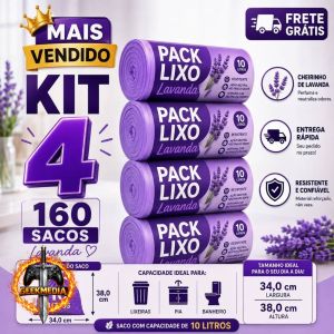 Kit 4 Rolos Saco de Lixo Perfumado Lavanda 10L 160 Unidades